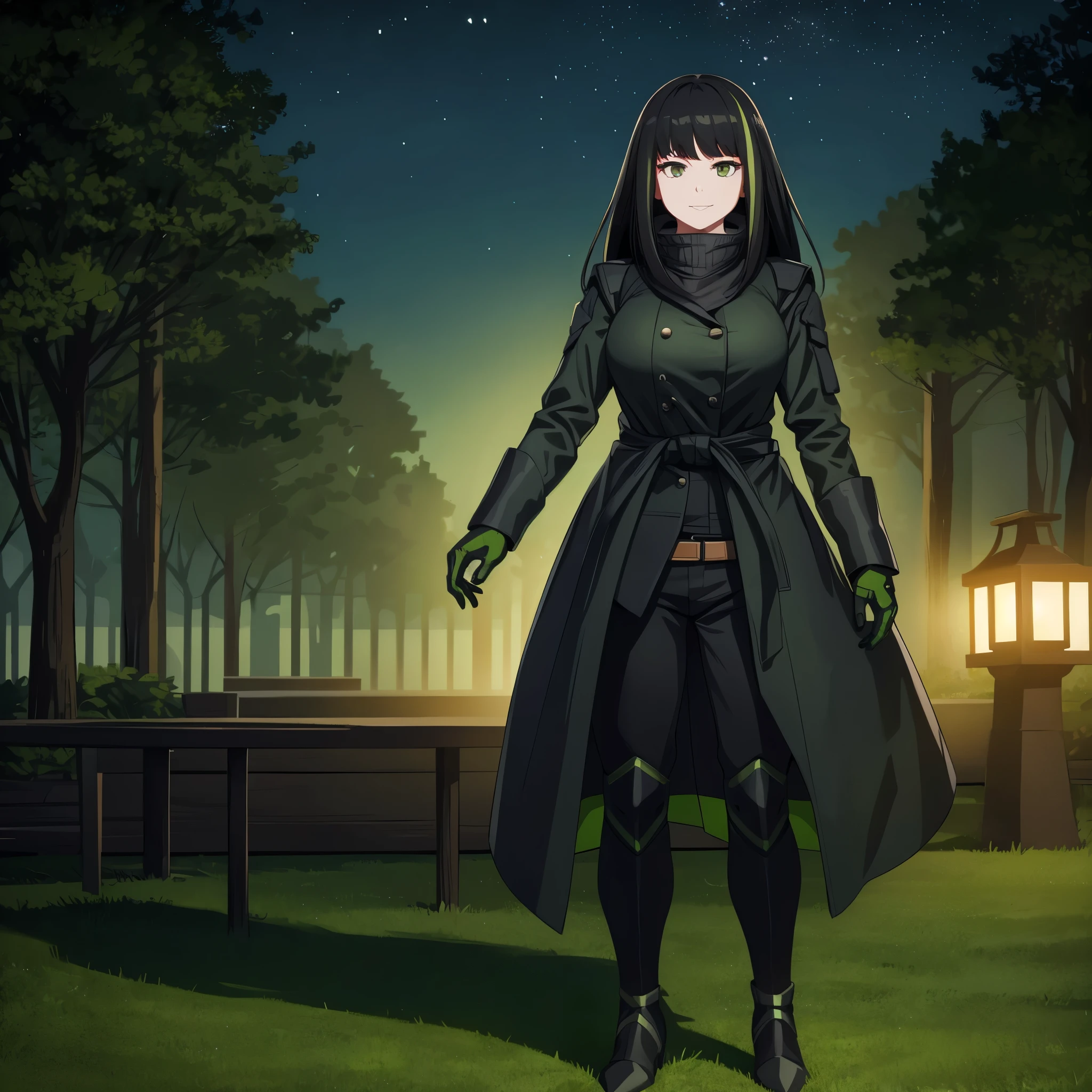 A woman wearing a black cold coat with green details, in a park at night, smiling, black hair with green bangs, full body.HDR, ultra resolution, sharp, masterpiece, 8K HD, (just a woman, solo)
