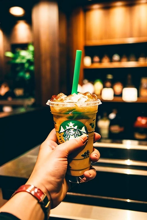 close up photo of starbucks drink being held by a girl's hand, aesthetic instagram story --ar 9:16 --style raw --stylize 50