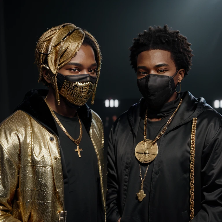 Two black men in masks and black jackets with several gold chains and microphones in their hands and in a whole world full of people talking bad about them