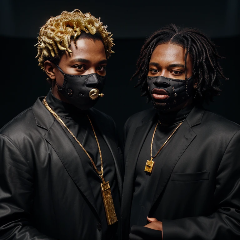 Two black men in masks and black jackets with several gold chains and microphones in their hands and in a whole world full of people talking bad about them