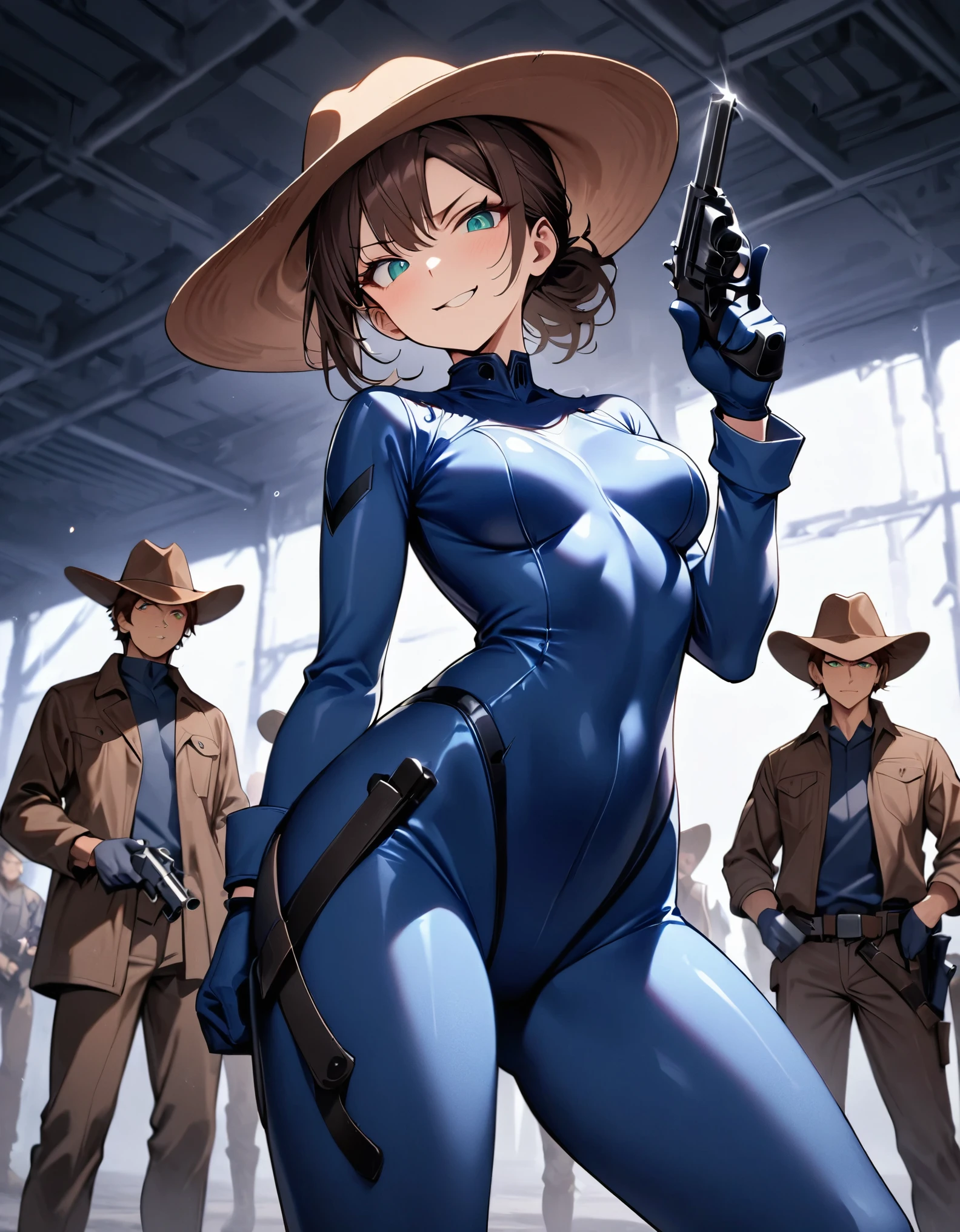 masterpiece, best quality, 1lady, solo, solo focus, (tall body), hispanic, brown hair, short hair, ponytail, blue-green eyes, medium breasts, beautiful detailed eyes, beautiful detailed face, smirk, ((brown cowboy hat)), ((bodysuit, solid blue bodysuit, leotard, dark blue leotard, dark grey leggings, long sleeves, gloves, dark blue gloves, matching gloves, boots, combat boots, dark blue boots, matching boots, drop-down pistol holster, knee pads)), ((pointing pistol at the viewer, revolver)), full body, cowboy shot, empty warehouse, danger atmosphere.