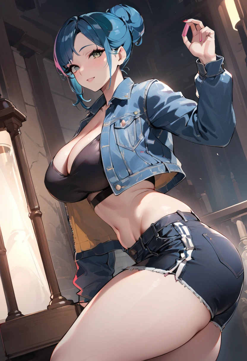 8k_wallpaper, extremely detailed eyes, extremely detailed body, (large masterpiece digital art), (detailed manga illustration), (detailed line art), ((perfect anatomy)), (intricate details:1.3), (ultra-detailed:1.3), (illustration:1.3), (sharp focus:1.3), (natural lighting:1.05), (vivid colors:1.3), (masterpiece), best quality, expressive eyes, perfect face, 1 girl, breasts, cleavage, gloves, large breasts, casual clothes, white shirt, tee shirt, denim jacket, jacket, {blue hair}, medium hair, wavy hair, (gray eyes), hourglass physique, alluring outfit, black denim shorts, shorts, dynamic pose, Huge ass, dynamic lighting, beautiful esd_woman, curvy, fur trim, hair bun,