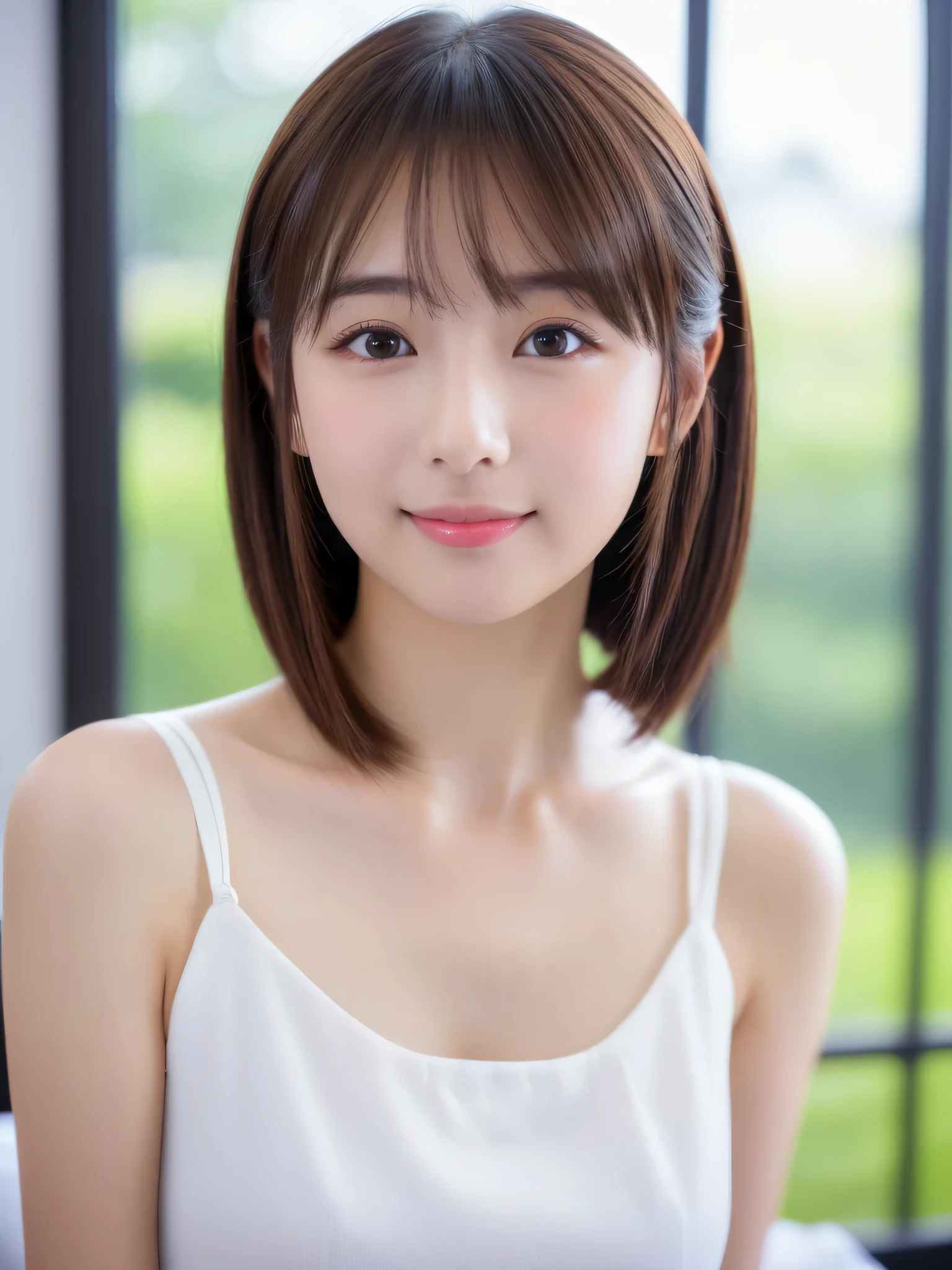 ((cute japanese girl、beautiful japanese girl、1 girl、clear、19 years old、ponytail、Highly detailed face and skin texture、refinement、super detailed face、highly detailed eyes、Lee Hong、blush、cheek、cheek painted pink cheek、close-up of woman、 from the neck up、 close to camera、 positive face、forward facing body、look at the camera、front、cute、smooth white skin、Transparent skin texture、))、(dark brown hair、bangs)、beautiful woman with perfect style:1.4、japanese model、young gravure idol、young cute gravure idol、Realistic young gravure idol、refined gravure idol、((highest quality、8K、masterpiece:1.3、1photograph))、(4k、student photography、highest quality)、(realistic、Photo realistic:1.37)、Place a person on the other side of the screen、Natural light、professional lighting、