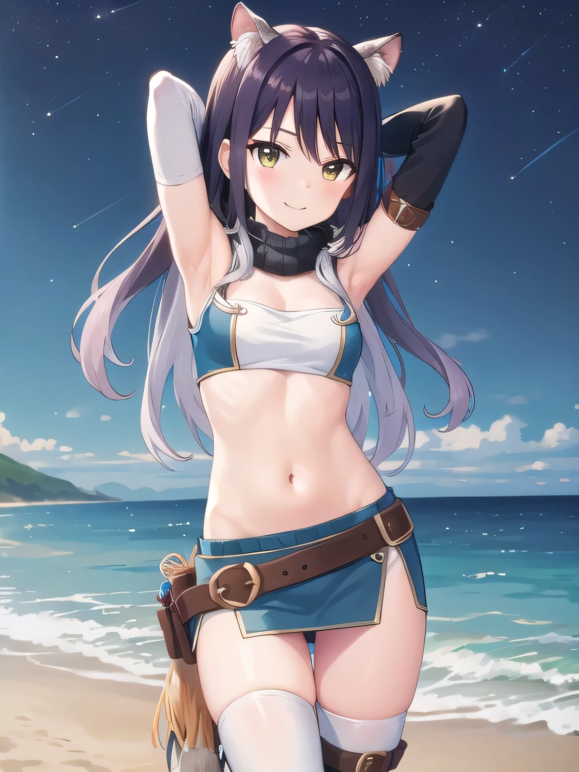 1girl, long hair, boots, thighhighs, midriff, skirt, crop top, quiver, bare shoulders, thighhighs under boots, bangs, gloves, belt, navel, breasts, vambraces, miniskirt, fingerless gloves, blush, Shiori, solo, night sky, beach, arms behind head, {contrapposto}, spread armpits, closed mouth, smile, (cowboy shot:1.5),