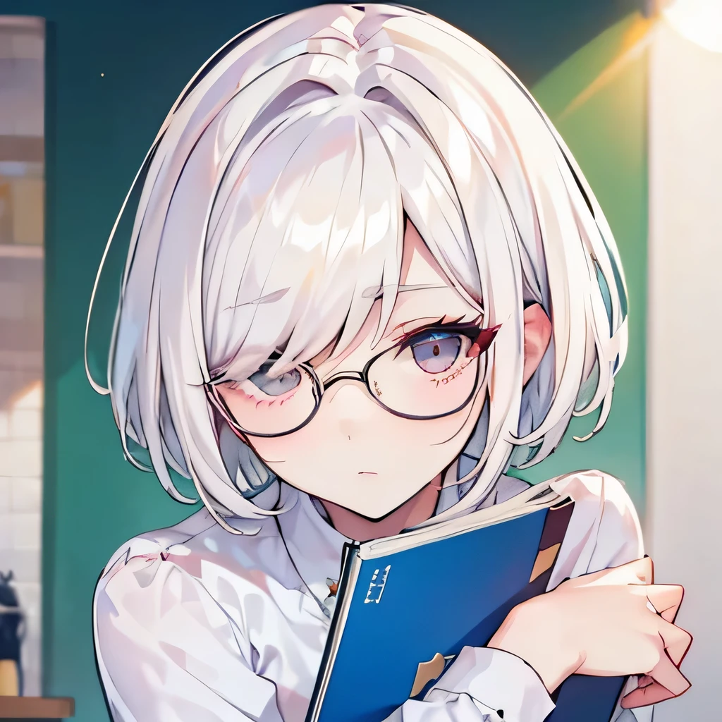 Girly girl, round glasses, white shirt, face close-up, white hair, light white eyes, pure, short hair, (Hair Over One Eye), smart, pencil, hugging her books, pixie haircut