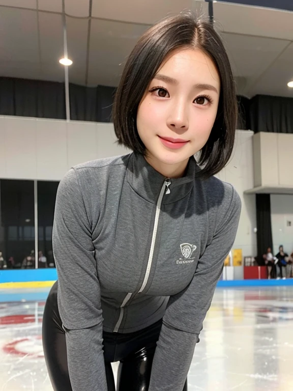 (kawaii 24 year-old Japanese girl, Nogizaka idol, Korean idol), healthy female figure skater, athletic body, (glossy black hair, messy very short hair, messy pixie cut, symmetric hair length, even length hair edges:1.3), (bangs), (extra rounded face, black eyes, single eyelid, no makeup, soft smiling:1.2), (wearing grey long sleeved half zipped training jacket, glossy black spandex sports leggings:1.3), (flat chest, extra small breasts:0.8), thigh gap, (looking at viewer:1.2), BREAK, (skating at ice skate arena:1.3), (angle from below, view from diagonally forward, standing, lean forward, stretching both arms and put two hands on her knees:1.3), BREAK, (masterpiece, best quality, photo realistic, official art:1.4), (UHD, 8K quality wallpaper, high resolution, raw photo, golden ratio:1.2), (shiny skin), professional lighting, physically based rendering, award winning, (perfect anatomy, highly detailed skin, extremely detailed face and eyes), Carl Zeiss 300 mm F/2.8, depth of field, 1girl, solo,
