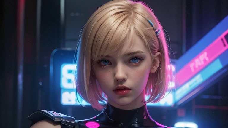 1 girl, pink neon ,robot, female cyborg , cyber punk, club,dim lighting, neon signs,fc portrait, neon,cyber punk, futuristic ,British girl with short, straight blonde hair, bang, bob cut, blue eyes, 15 years, young, pale skin, slender body, small breasts, small breasts, ultra high resolution, UHD, (realistic:1.4), doll-like face, futuristic鎧, Plasma Sword