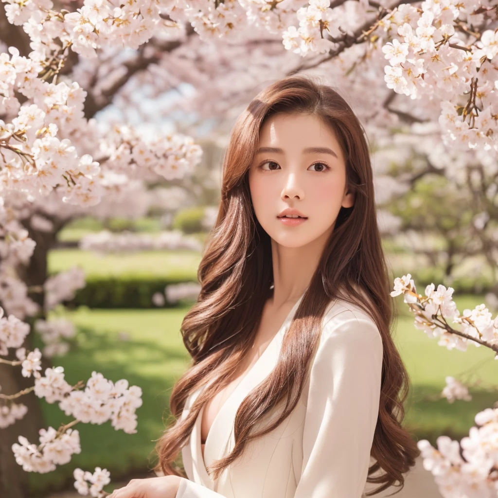 (masterpiece、High resolution、high resolution、超High resolution、Delicate、16K、perfect lighting、sunlight）1 female（25 years old、brown hair、long hair、curly hair、clear eyes、dense lips、slim、Slender、OL、suit）garden、cherry blossoms、cherry blossoms row of trees