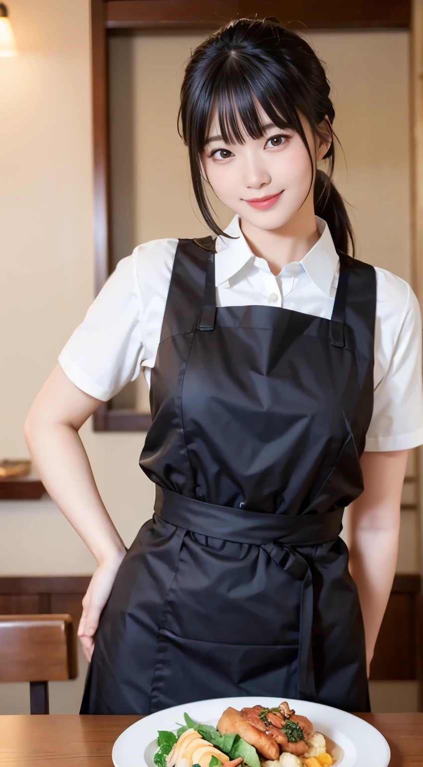 (highest quality,masterpiece:1.3,ultra high resolution,),(Super detailed,caustics),(Photoreal:1.4,RAW shooting,)ultra-realistic capture,very detailed,High resolution 16K human skin close-up。 natural skin texture、,The pores are、、、、It should be detailed enough to be easily identifiable。 Skin should be even-toned and healthy looking。 Use natural light and color,restaurant,waitress uniform,1 girl,Japanese,18-year-old,cute,black haired,ponytail,big breasts,smile,Turn your body forward,(Front view:1.1),look at the camera,cowboy shot,