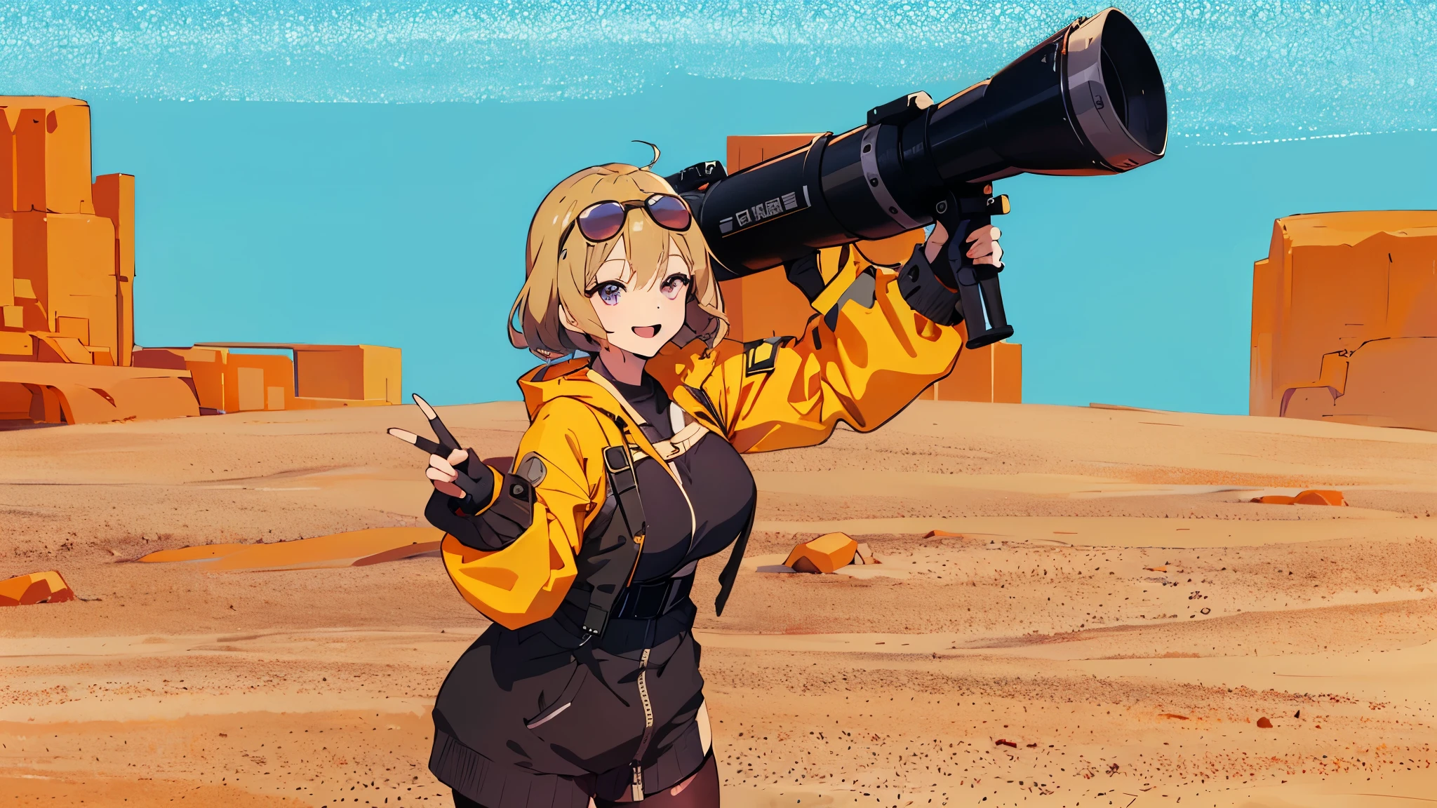 (Best quality, good anatomy, high quality, 4k, anime style) Anis(Nikke), blond hair, short hair, violet sunglasses, smiling, black gloves, yellow and black sweater, black legwears, grabbing a rocket launcher, peace sign with her right jand, desert, rocks, day, colorful