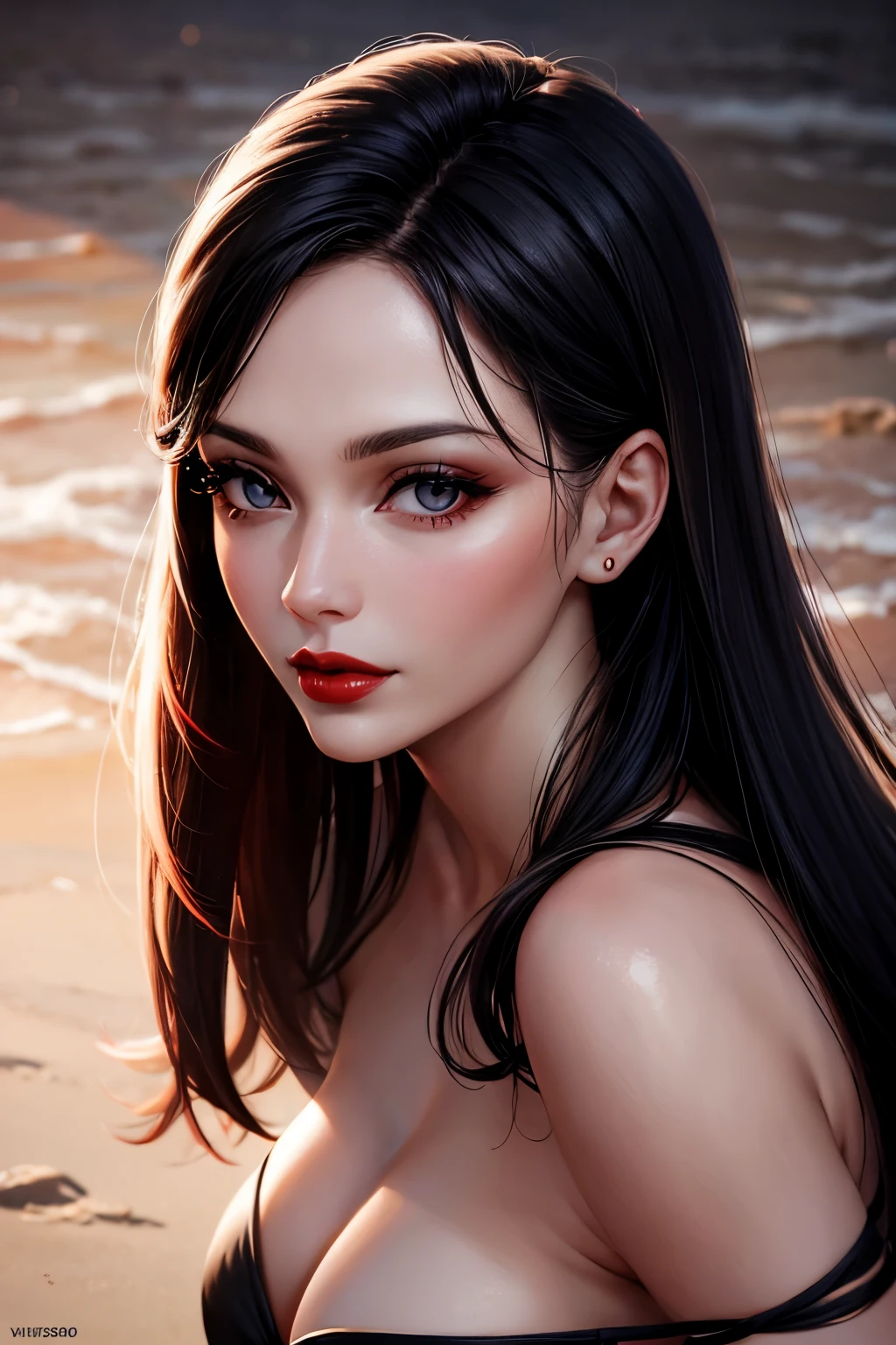 Woman, 30 years, adult, top model, red lips, nigth, soft ligth, face detail, from above