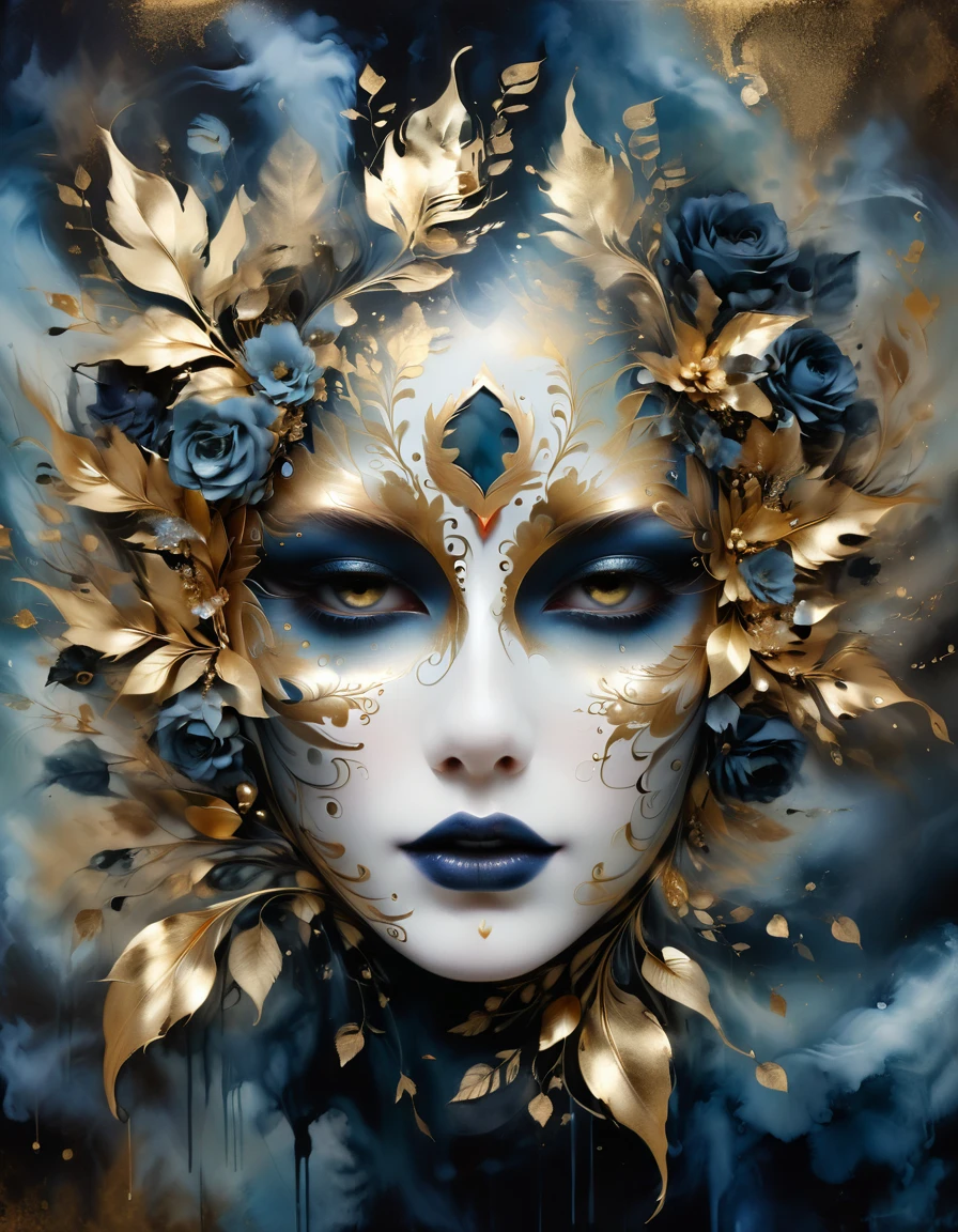 (gold leaf art:1.5)，mask，goth girl，Smoky makeup,(Metallic luster:1.45)，Illustration in surreal art style，surreal dream，Dubrec style,Gothic Dark Art，