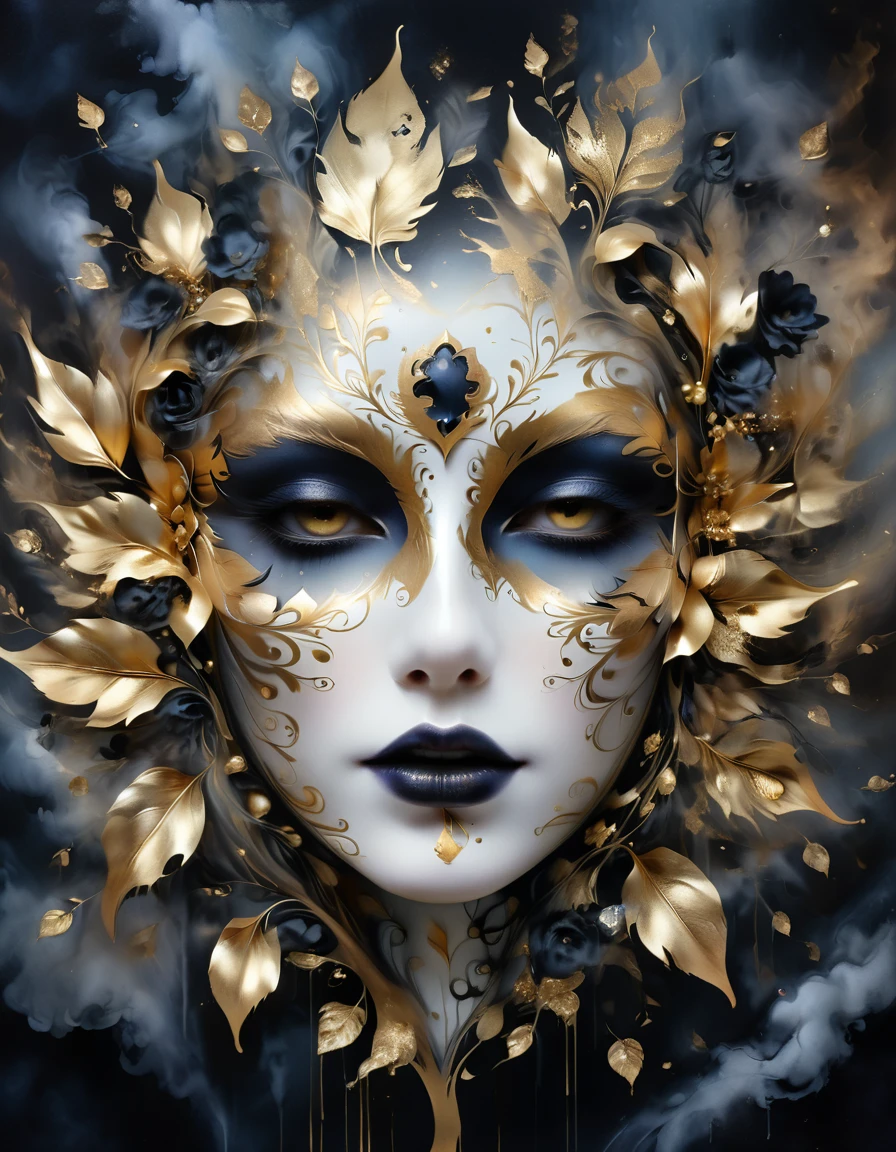 (gold leaf art:1.5)，mask，goth girl，Smoky makeup,(Metallic luster:1.45)，Illustration in surreal art style，surreal dream，Dubrec style,Gothic Dark Art，