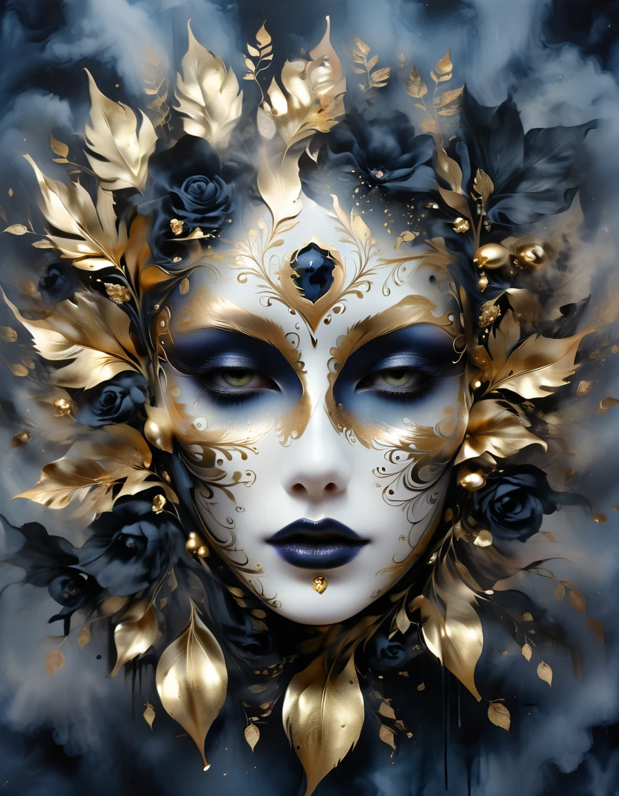 (gold leaf art:1.5)，mask，goth girl，Smoky makeup,(Metallic luster:1.45)，Illustration in surreal art style，surreal dream，Dubrec style,Gothic Dark Art，