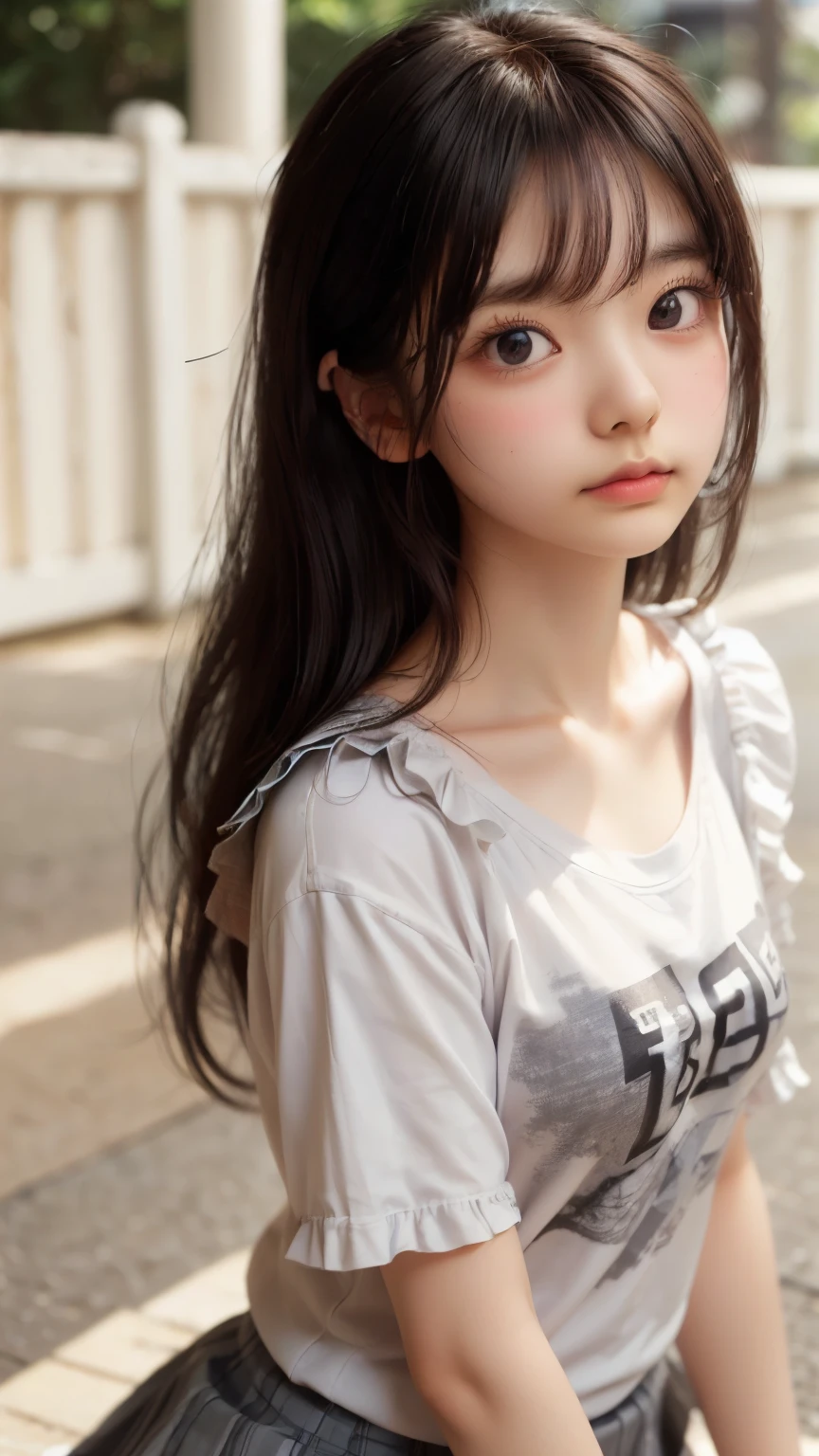 ((sfw: 1.4)), ((detailed face, professional photography)), ((sfw, hair band, t-shirt, ruffled skirt, 1 Girl)), Ultra High Resolution, (Realistic: 1.4), RAW Photo, Best Quality, (Photorealistic Stick), Focus, Soft Light, ((15 years old)), ((Japanese)), (( (young face))), (surface), (depth of field), masterpiece, (realistic), woman, bangs, ((1 girl))