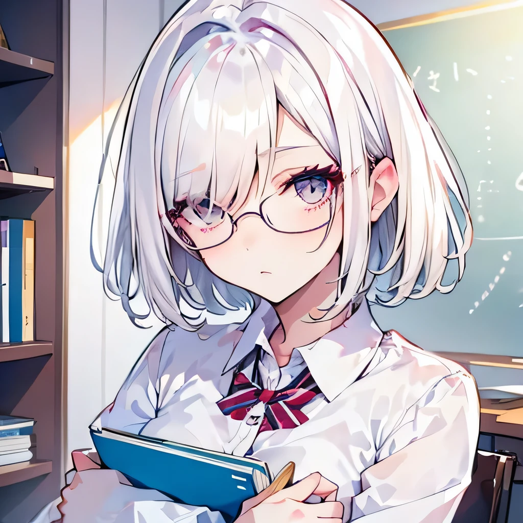 Girly girl, round glasses, white shirt, face close-up, white hair, light white eyes, pure, short hair, (Hair Over One Eye), smart, pencil, hugging her books