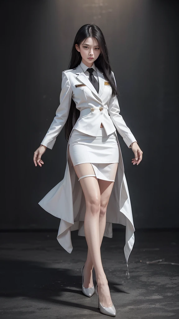 Beautiful girl with two meter long hair, long black hair, Wear a suit, Wear a suit over it., Close every button., (white women&#39;s suit), (white shirt), (Thai women&#39;s black necktie), (Military rank insignia), (Short white pencil skirt), tight, (dynamic post), full body, (Huge breasts, thin body, small waist, hips raised, small thighs, Long legs), A gigantic rift, black high heels, 