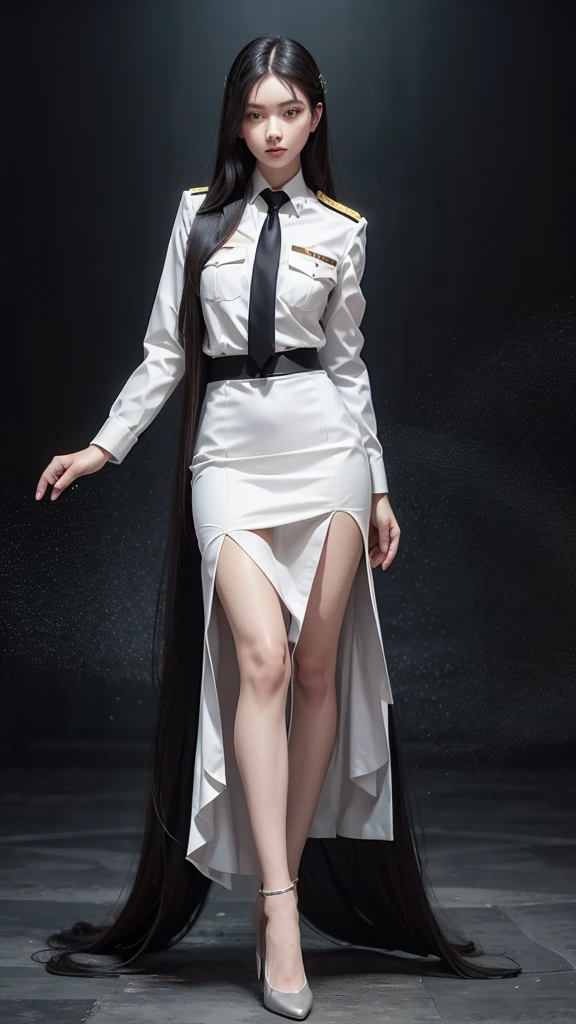 Beautiful girl with two meter long hair, long black hair, Wear a suit, Wear a suit over it., Close every button., (white women&#39;s suit), (white shirt), (Thai women&#39;s black necktie), (Military rank insignia), (Short white pencil skirt), tight, (dynamic post), full body, (Huge breasts, thin body, small waist, hips raised, small thighs, Long legs), A gigantic rift, black high heels, 