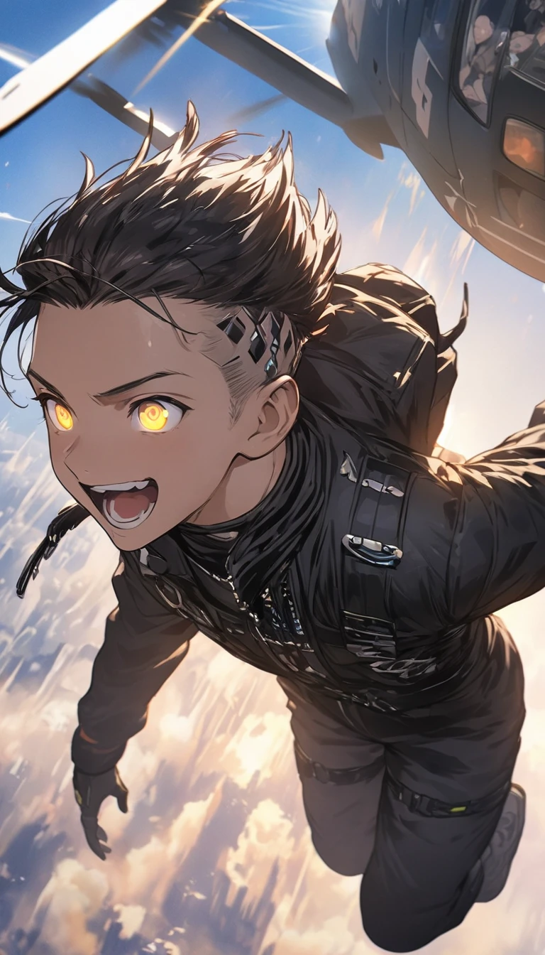 (highest quality、masterpiece、High resolution、detailed)beautiful anime、(Shining eyes、detailed美しい顔)、, BREAK,Portrait 1 Young Man ,SF, Complex background punk, (Handsome guy) , futuristic,(Jumping out of a helicopter in the sky) , dynamic action, A cool scene, dynamic angle、anime style、((masterpiece, highest quality, )),