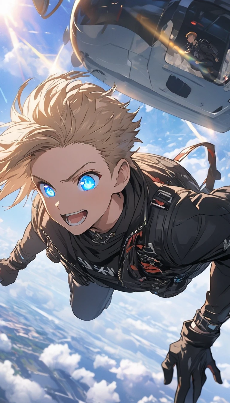 (highest quality、masterpiece、High resolution、detailed)beautiful anime、(Shining eyes、detailed美しい顔)、, BREAK,Portrait 1 Young Man ,SF, Complex background punk, (Handsome guy) , futuristic,(Jumping out of a helicopter in the sky) , dynamic action, A cool scene, dynamic angle、anime style、((masterpiece, highest quality, )),