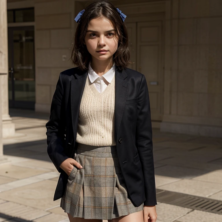 Dafne Keen dressed in a blazer and bow with an elegant skirt