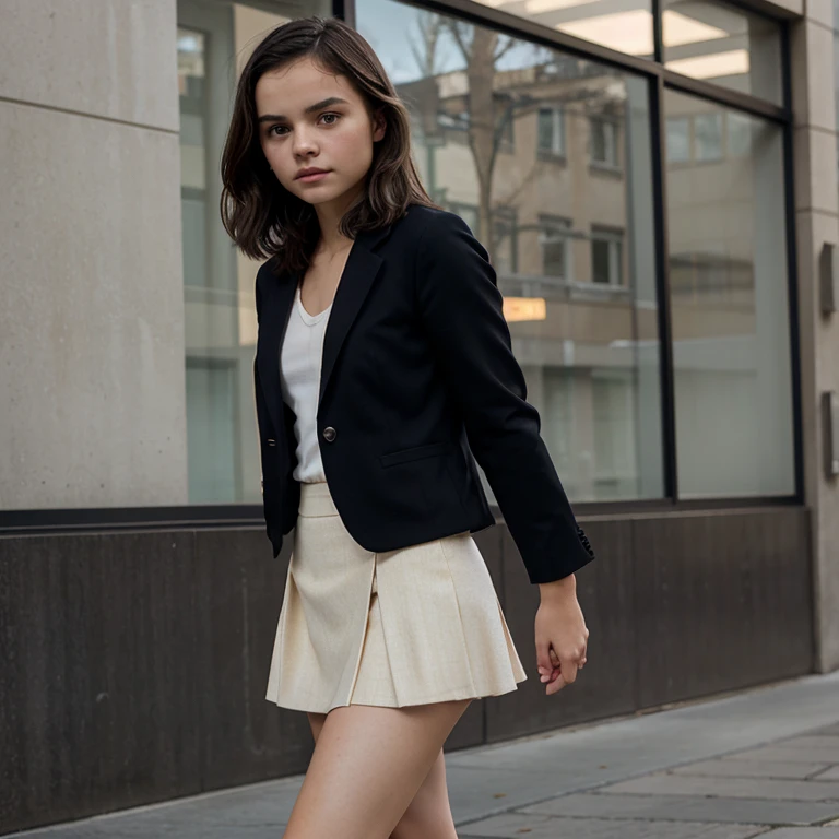 Dafne Keen dressed in a blazer and bow with an elegant skirt