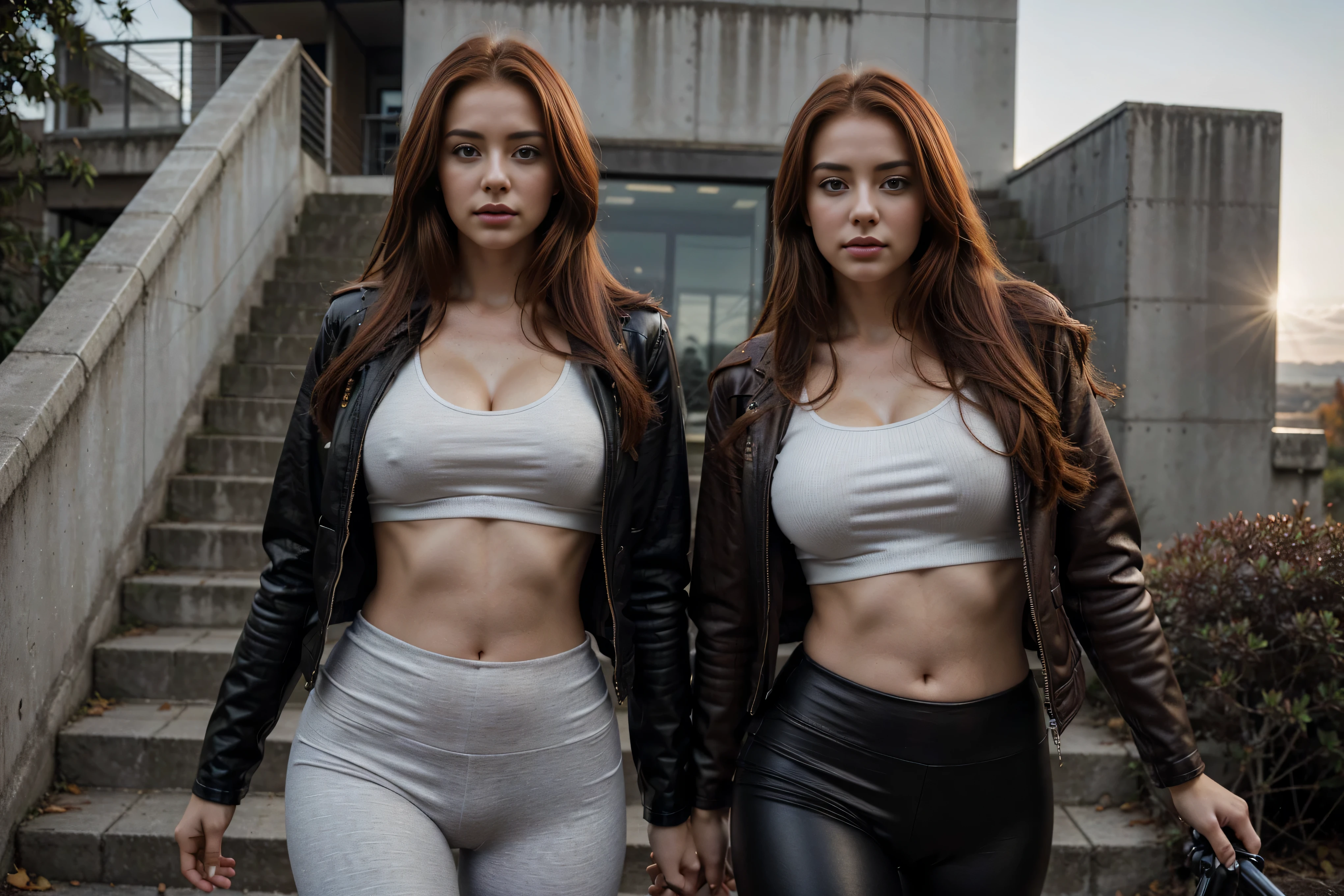 2 women riding classic bicycles,beautiful woman,long red hair,Full scene shooting,best quality,sunset,Stairway,Windy,look up to the sky,beautiful women,outdoor scene,dark red hair,Natural landscape,Fall,leather jacket,Belly button popping,leggings,Sexy long legs,(thigh gap:1.5),(Buttocks,wide hips),Highly detailed face and skin texture,delicate eyes,double eyelids,whole body,20 year old female model,octane rendering,Two-tone lighting,Large aperture,Low ISO,white balance,Drive a motorcycle,landscape