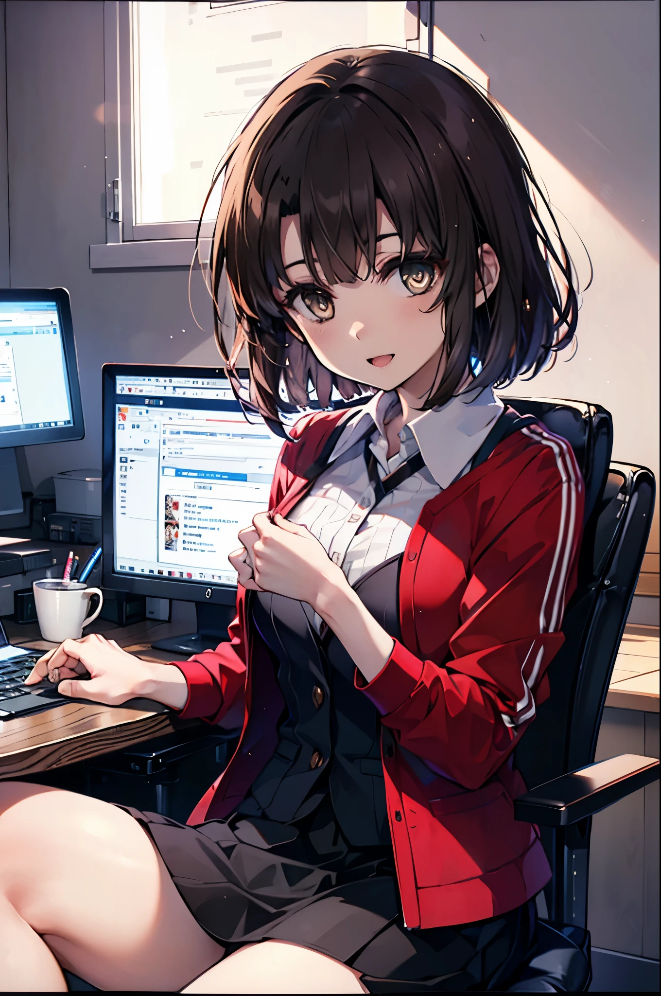 katoumegumi, megumi katou, brown hair, short hair, (brown eyes:1.5),happy smile, smile, open your mouth,OL, red glasses, end, black suit jacket, collared jacket, white dress shirt, collared shirt, neckline, button, strap, ID card on neck, black pencil skirt, black pantyhose,stiletto heels,sitting cross-legged on a chair,There is a computer on the desk,touch typing,インテリア
break looking at viewer,(cowboy shot:1. 5)
break indoors, office,
break (masterpiece:1.2), highest quality, High resolution, unity 8k wallpaper, (shape:0.8), (fine and beautiful eyes:1.6), highly detailed face, perfect lighting, Very detailed CG, (perfect hands, perfect anatomy),