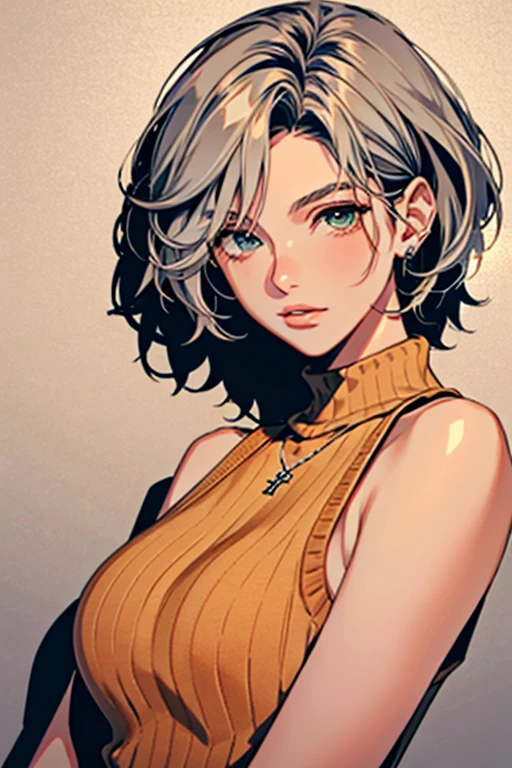 (masterpiece, best quality)
1girl, AshleyGrahamRE, solo, breasts, looking at viewer, short hair, blue eyes, shirt, bare shoulders, jewelry, medium breasts, green eyes, upper body, blonde hair, parted lips, sleeveless, necklace, sweater, lips, turtleneck, bob cut, ribbed sweater, realistic, nose, sleeveless turtleneck, orange shirt, orange sweater