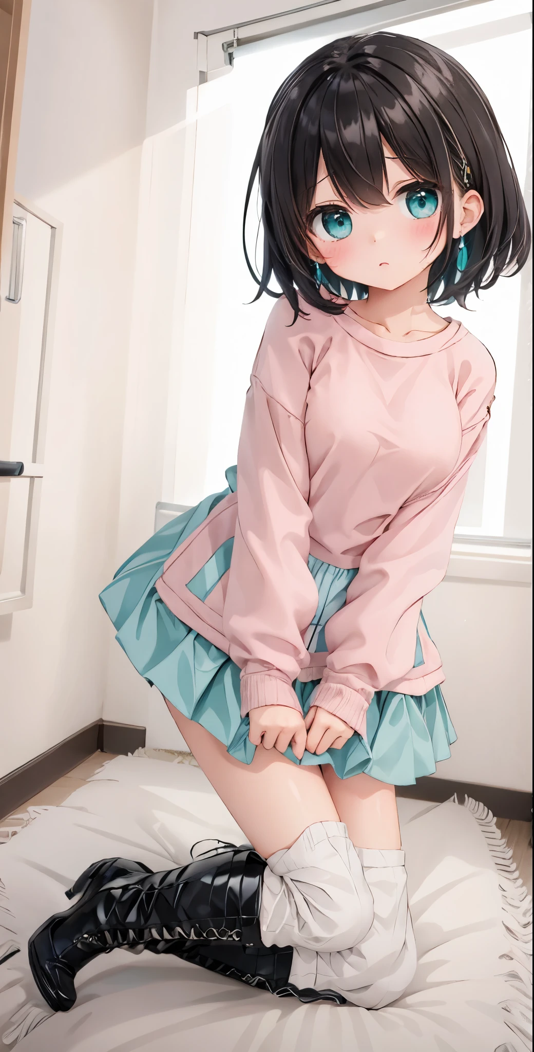 Dark girl with short hair，Shy，blush，Turquoise sweatshirt，Pink skirt，White knee-length socks，black boots，Classroom scene，for the audience，stand