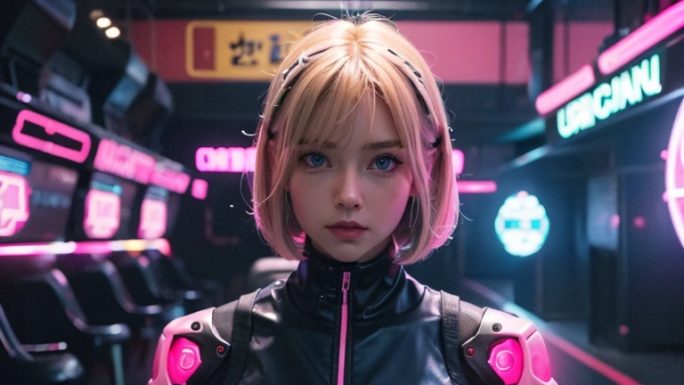 1 girl, pink neon ,robot, female cyborg , cyber punk, club,dim lighting, neon signs,fc portrait, neon,cyber punk, futuristic ,British girl with short, straight blonde hair, bang, bob cut, blue eyes, years, young, pale skin, slender body, small breasts, small breasts, ultra high resolution, UHD, (realistic:1.4), doll-like face, futuristic鎧,