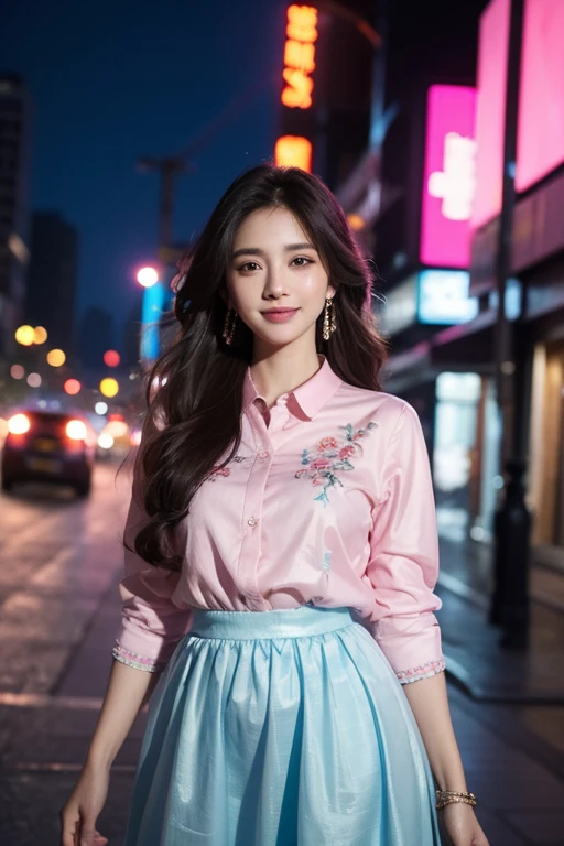 1 beautiful girl, pink shirt, elaborately embroidered shirt, sky blue dress, long hair, wearing jewelry, modern and sophisticated jewelry, extremely detailed eyes and face, smiling . Blurred city background. Super high quality photos, surreal, 8K, high resolution, masterpieces, details, extremely magical cinematic lighting.