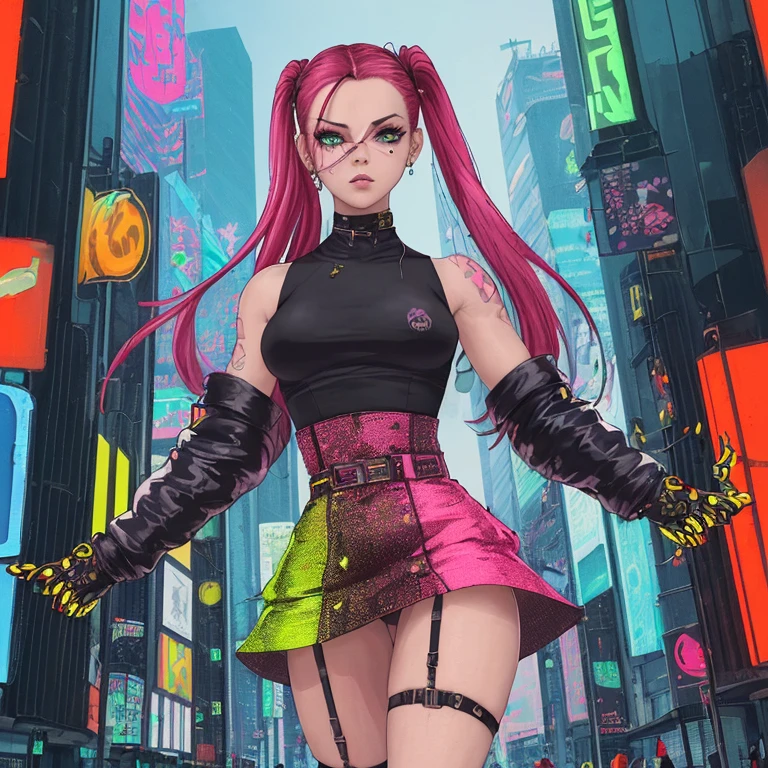 obra de arte, Melhor qualidade,
Cammy do street fight, olhando para o espectador, tiro de vaqueiro,
Confident girl with slightly cheeky expression, Roupa pop inspirada em Harajuku, bold colors and patterns, attractive accessories, penteado moderno e inovador, maquiagem vibrante, paisagem urbana Cyberpunk futurista e ordenada, skyscrapers, Placas de neon, Luzes LED, Esquema de cores brilhantes e vivas,
anime, illustration, lindo rosto detalhado, detalhes intrincados, ultra detalhado,