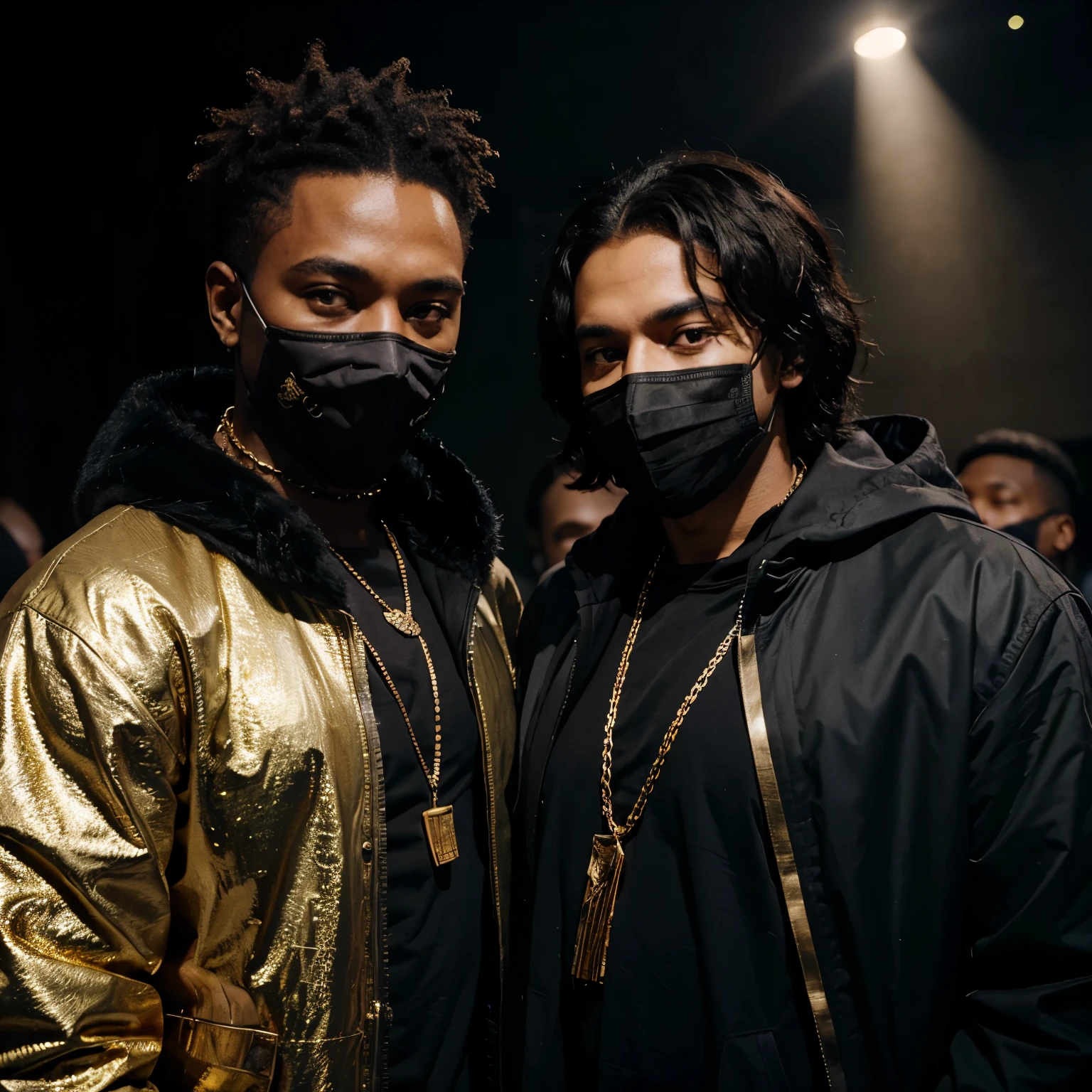 Two black men in masks and black jackets with several gold chains and microphones in their hands and in a whole world full of people talking bad about them