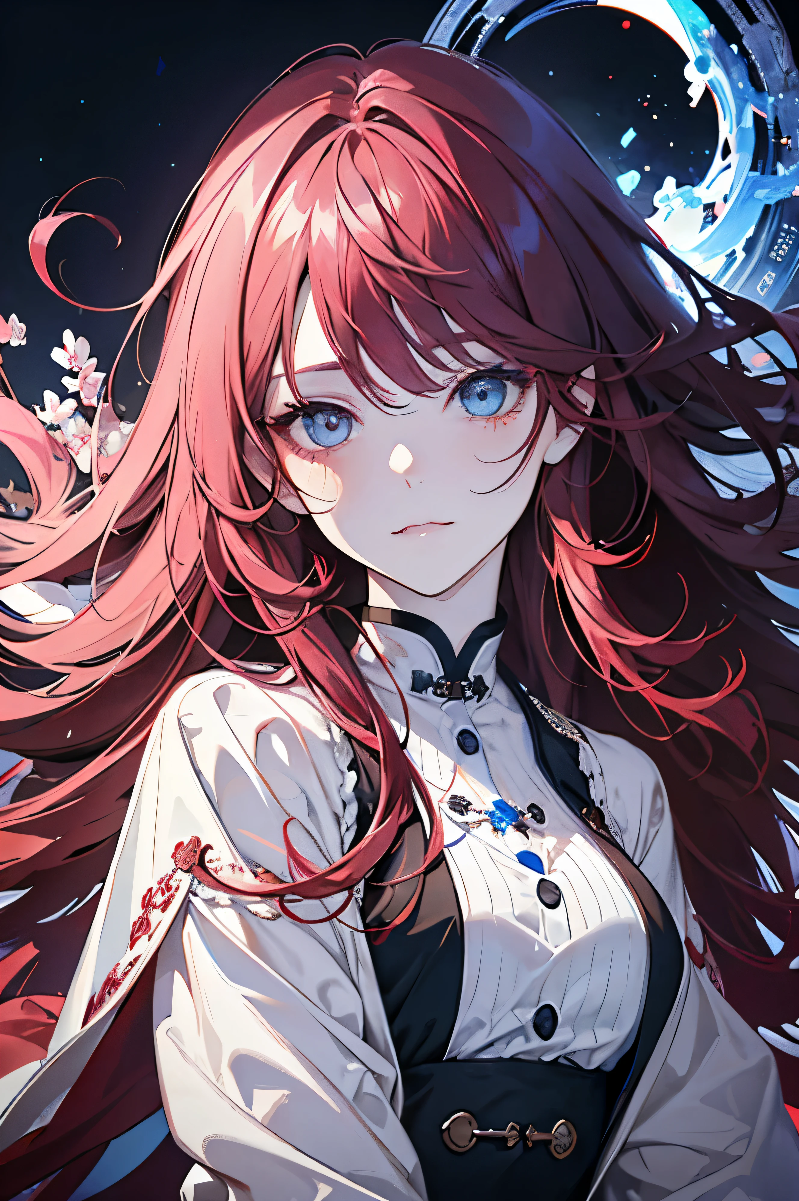 with a girl,alone, heterochromia,red and blue eyes,long curly hair,two bangs,pale skin, looking at the viewer,closed mouth, light smile, beautiful, very detailed目, close up shot,Upper body, wearing a jacket, really great art, very detailed, highest quality digital art,