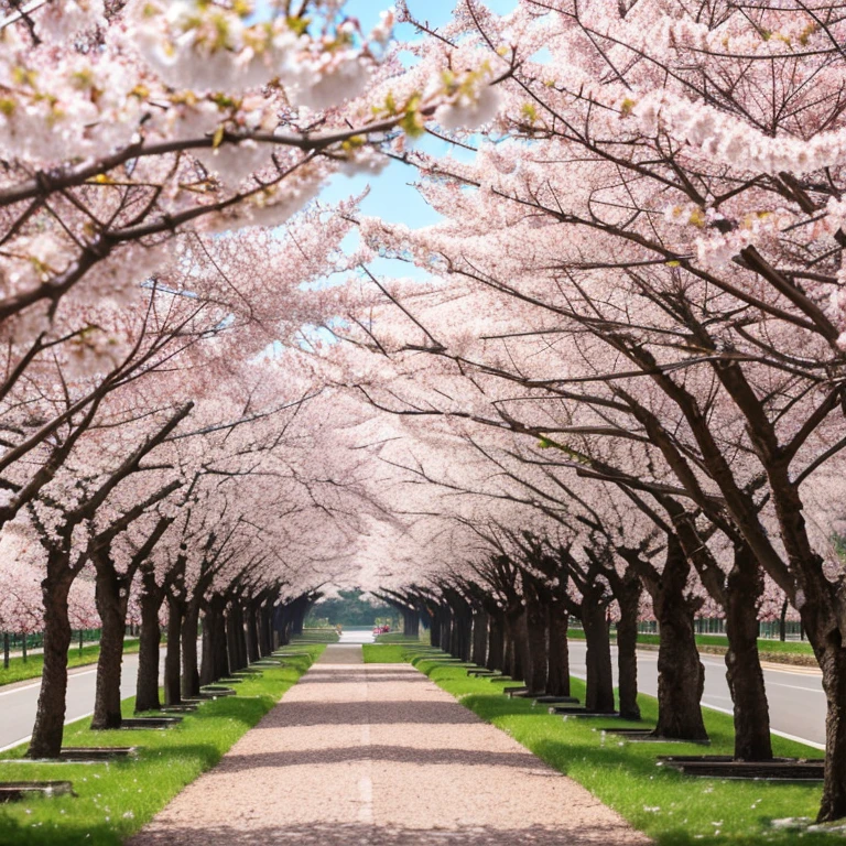 8K,High quality,(1.5:Cherry blossoms),Cherry blossom avenue,Carriageway,Full bloom cherry blossoms