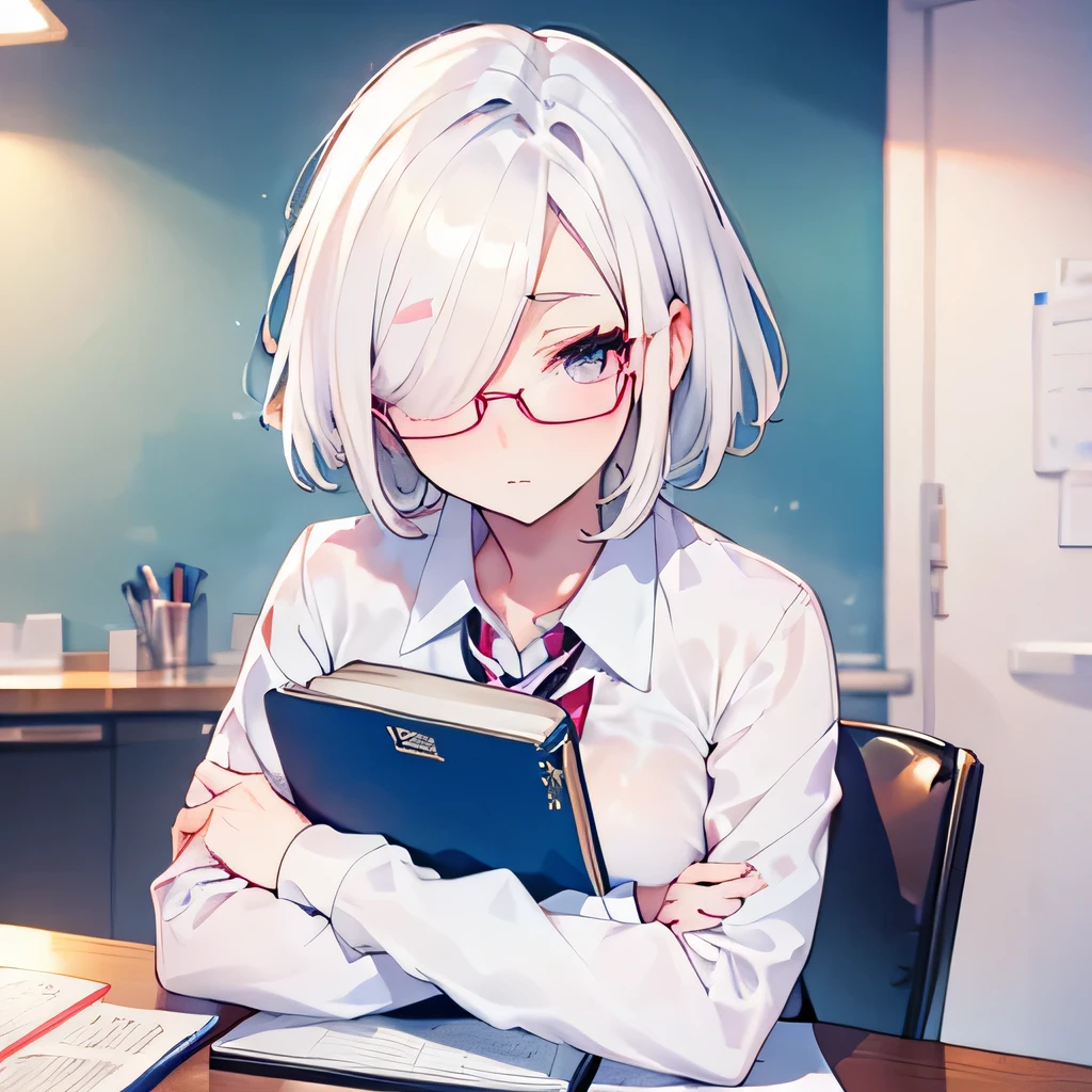 Girly girl, round glasses, white shirt, face close-up, white hair, light white eyes, pure, short hair, (Hair Over One Eye), smart, pencil, hugging her books, round glasses