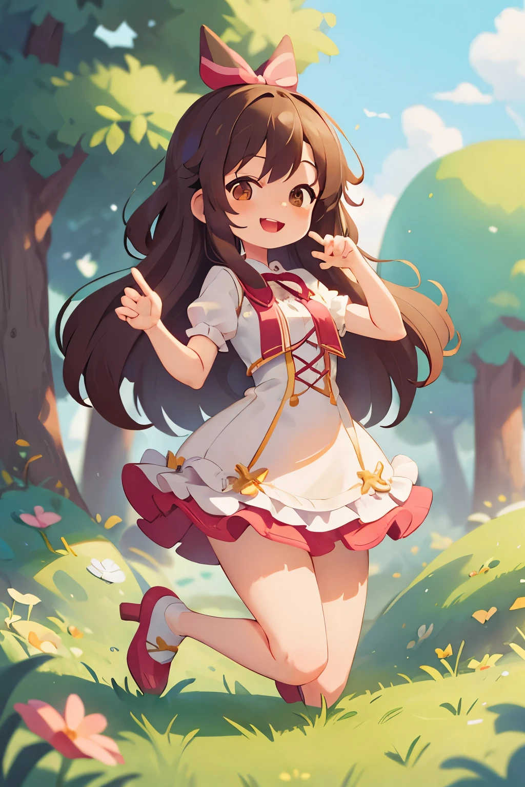 top-quality、8K Masterpiece、Draw the face in detail、1 childish girl、Lolita costume、Full body、kawaii pose、professional lighting、Happy expression、Shiny hair、perfect anatomy、In a green meadow