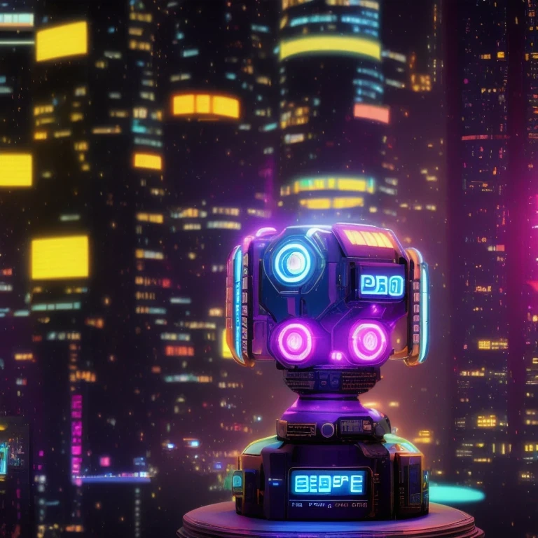 late night，cyberpunk lamp（（（Side view）））side close-up，a close up of a robot with a glowing head and a purple background, cyber mech, in style of beeple, cyberpunk pikachu, style hybrid mix of beeple, 3 d render beeple, cute elaborate epic robot, beeple masterpiece, cyberpunk art style, yellow mech, beeple!!, cyber steampunk 8 k 3 d（（（future）））（Telephoto angle of view）（Tilt-Shift）