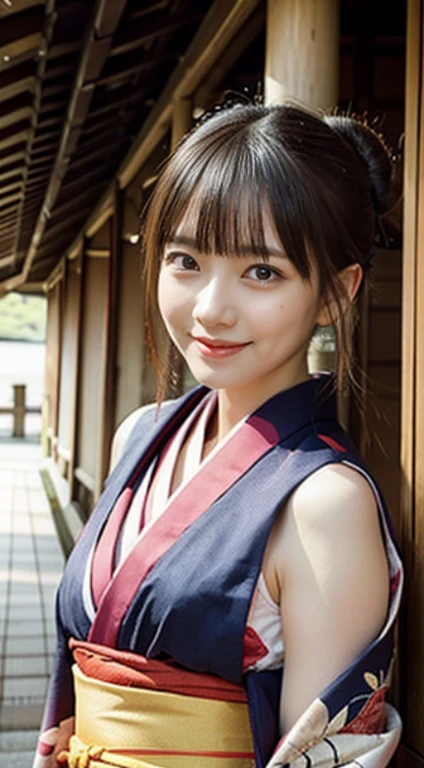 1 beautiful若い女の子, 非常にbeautiful詳細な顔, smile shyly, (slender body:1.2), (Colorful Japanese kimono:1.3), dark brown hair, bun hair, (detailed face:1.2), conceptual art, high quality, realistic, very detailed CG 統合 8k 壁紙, very detailed, High resolution raw color photos, professional photography, realistic portrait, cinematic light, beautiful, Super detailed, advanced details, Depth of the bounds written, illumination, ((red torii gate in kyoto:1.2))