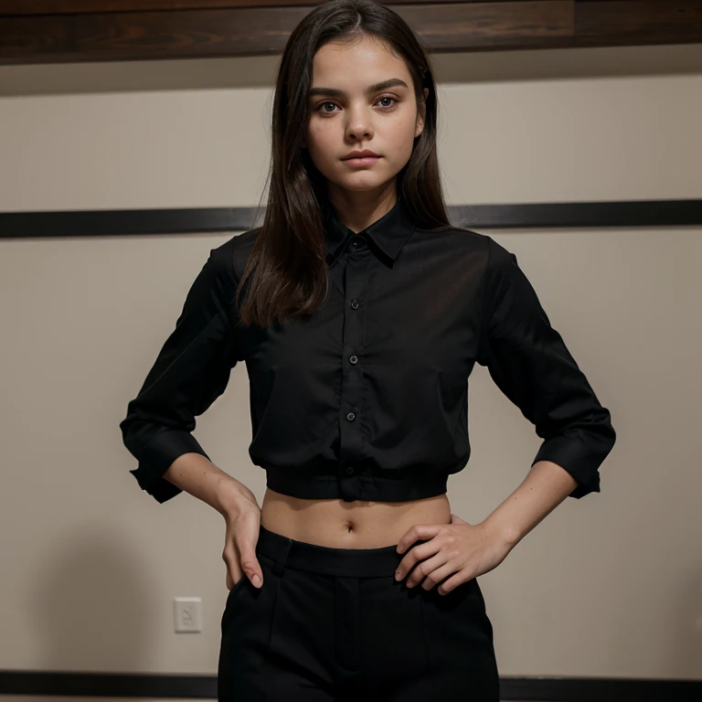 Dafne Keen dressed in an elegant shirt and black pants