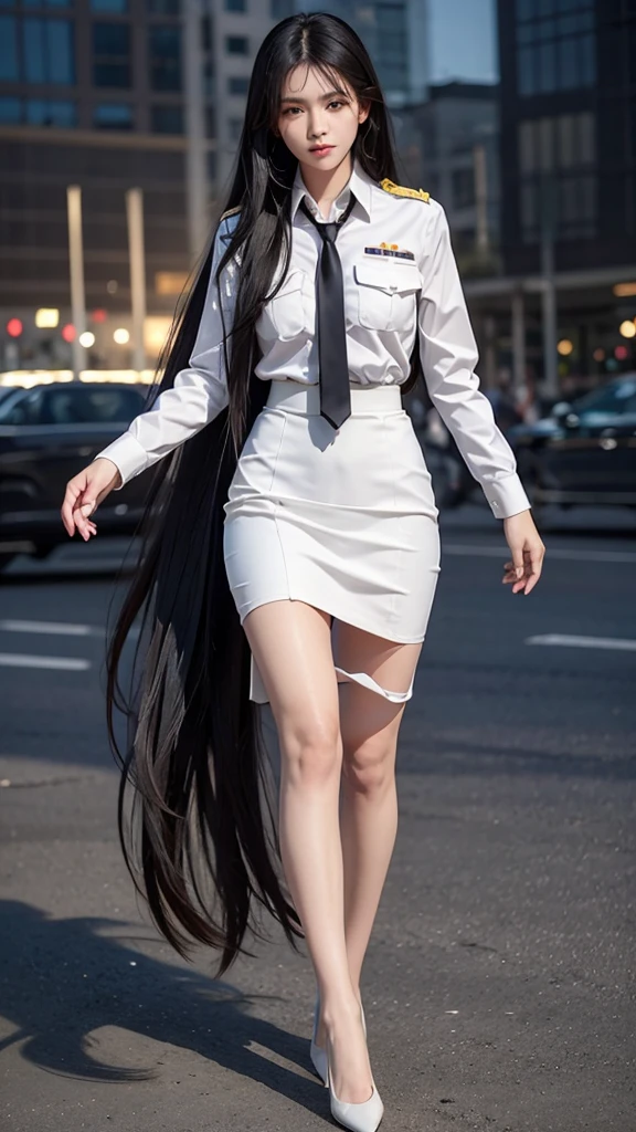 Beautiful girl with two meter long hair, long black hair, Wear a suit, Wear a suit over it., Close every button., (white women&#39;s suit), (white shirt), (Thai women&#39;s black necktie), (Military rank insignia), (Short white pencil skirt), tight, (dynamic post), full body, (Huge breasts, thin body, small waist, hips raised, small thighs, Long legs), A gigantic rift, black high heels, Not wearing underwear,