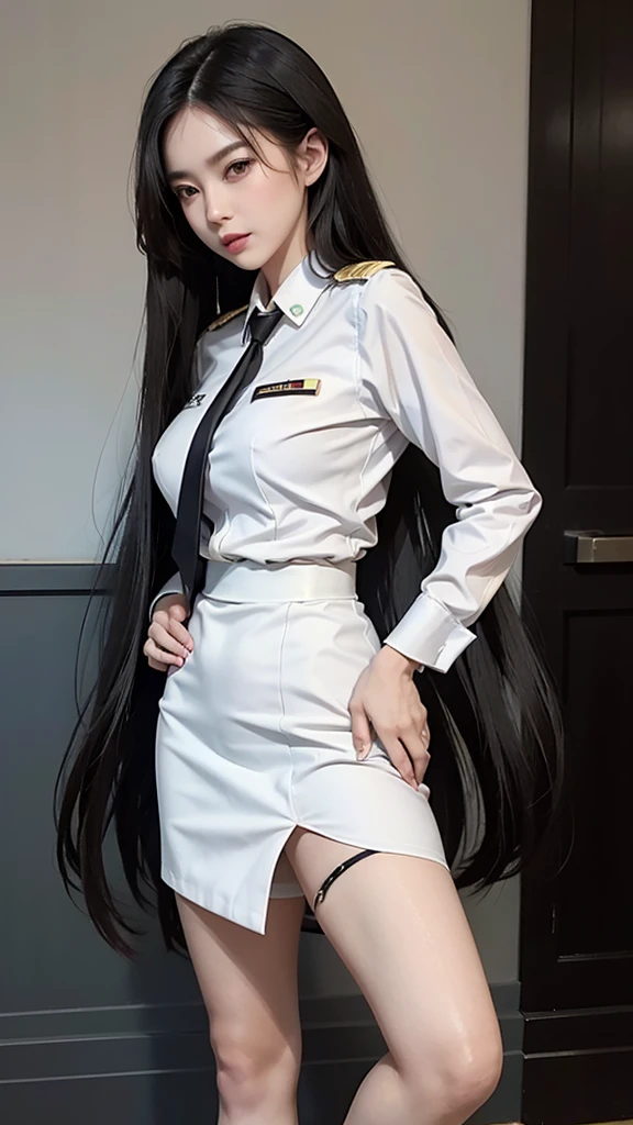 Beautiful girl with two meter long hair, long black hair, Wear a suit, Wear a suit over it., Close every button., (white women's suit), (white shirt), (Thai women's black necktie), (Military rank insignia), (Short white pencil skirt), tight, (dynamic post), full body, (Huge breasts, thin body, small waist, hips raised, small thighs, Long legs), A gigantic rift, black high heels, Not wearing underwear,