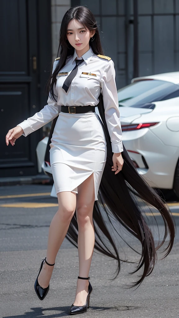 Beautiful girl with two meter long hair, long black hair, Wear a suit, Wear a suit over it., Close every button., (white women&#39;s suit), (white shirt), (Thai women&#39;s black necktie), (Military rank insignia), (Short white pencil skirt), tight, (dynamic post), full body, (Huge breasts, thin body, small waist, hips raised, small thighs, Long legs), A gigantic rift, black high heels, Not wearing underwear,