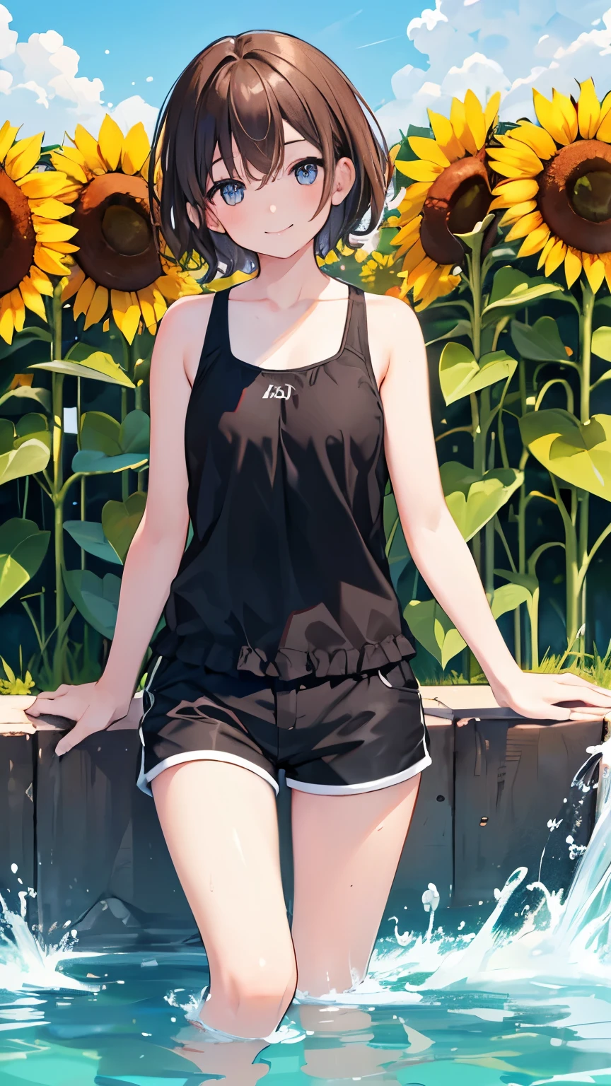Highest image quality,1人のgirl,brown hair,short hair,shiny hair,black eye,Shining eyes,smile,sunburn,Swimsuit back,sunflower,stream,water play,Wet with water,Tank top,shorts,girl,,
