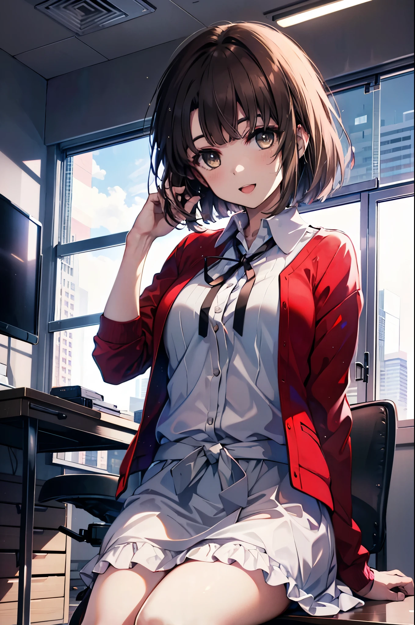 katoumegumi, megumi katou, brown hair, short hair, (brown eyes:1.5),happy smile, smile, open your mouth,OL, red glasses, end, black suit jacket, collared jacket, white dress shirt, collared shirt, neckline, button, strap, ID card on neck, black pencil skirt, black pantyhose,stiletto heels,sitting cross-legged on a chair,There is a computer on the desk,touch typing,インテリア
break looking at viewer,(cowboy shot:1. 5)
break indoors, office,
break (masterpiece:1.2), highest quality, High resolution, unity 8k wallpaper, (shape:0.8), (fine and beautiful eyes:1.6), highly detailed face, perfect lighting, Very detailed CG, (perfect hands, perfect anatomy),