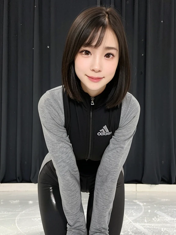(kawaii 24 year-old Japanese girl, Nogizaka idol, Korean idol), healthy female figure skater, athletic body, (glossy black hair, messy very short hair, messy pixie cut, symmetric hair length, even length hair edges:1.3), (bangs), (extra rounded face, black eyes, single eyelid, no makeup, soft smiling:1.2), (wearing grey long sleeved half zipped training jacket, mat black spandex sports leggings:1.3), (flat chest, extra small breasts:0.8), thigh gap, (looking at viewer:1.2), BREAK, (ice skate arena background:1.3), (angle from below, view from diagonally forward, skating, lean forward, stretching both arms and put two hands on her knees:1.3), BREAK, (masterpiece, best quality, photo realistic, official art:1.4), (UHD, 8K quality wallpaper, high resolution, raw photo, golden ratio:1.2), (shiny skin), professional lighting, physically based rendering, award winning, (perfect anatomy, highly detailed skin, extremely detailed face and eyes), Carl Zeiss 300 mm F/2.8, depth of field, 1girl, solo,
