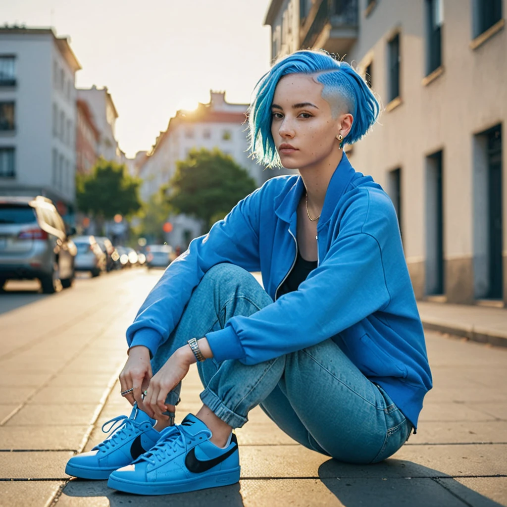 Bald head with blue hair Best anamorphic lens photography 50mm lens Freckled woman。In the background, the morning sun shines on her hair.、background is blurry。Hip-hop fashion。fashionable。NIKE sneakers。full body photo。tanned skin。