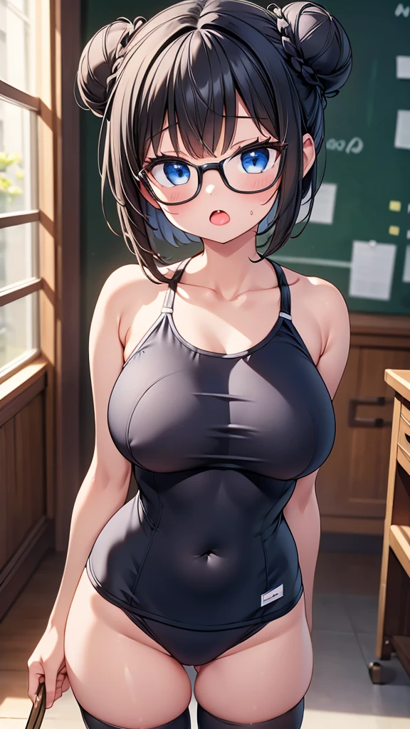 highest quality,wonderful,finely,extremely detailed CG Unity 8K wallpaper, (1 girl,black hair, blue eyes,glasses,short hair, double bun), (huge breasts:1.2), (school swimsuit:1.1), (bare shoulders:1.1), (clavicle:1.1), (underboob:1.2), (open mouth:1.2), (long tongue:1.2), (mouth drool:1.2), (zettai ryouiki:1.2),(constriction:1.2), (Are standing:1.2)