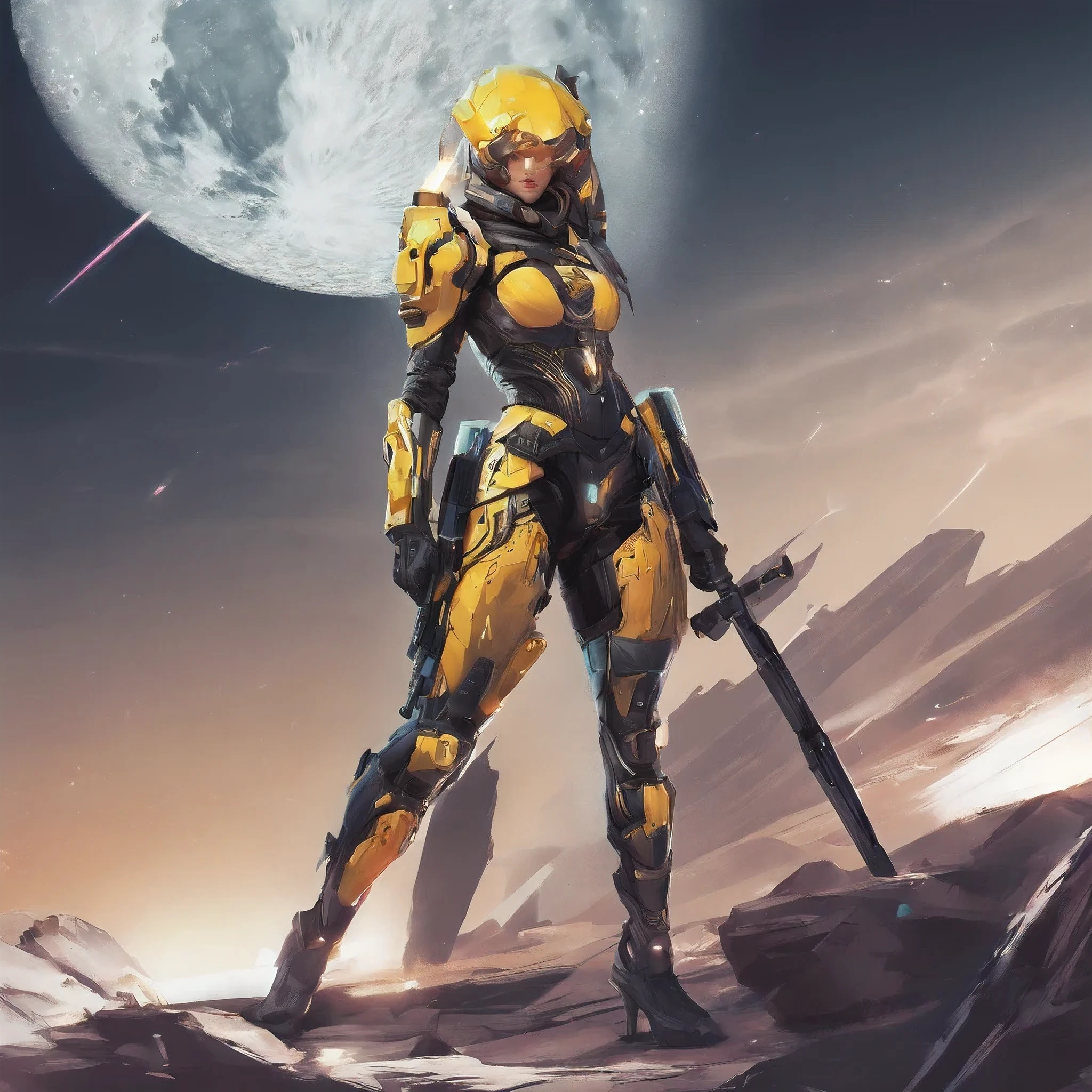 Future female warrior moon cyber suit on Jupiter,yellow,holding sword,full body shot,Volume Brightness,detail,Spectacular,film lighting,Unrel Engine 5,Color grading,Edit photography,photography,photo shoot,Shot with 8mm lens,depth of field,DOF,Tilt Blur,shutter speed